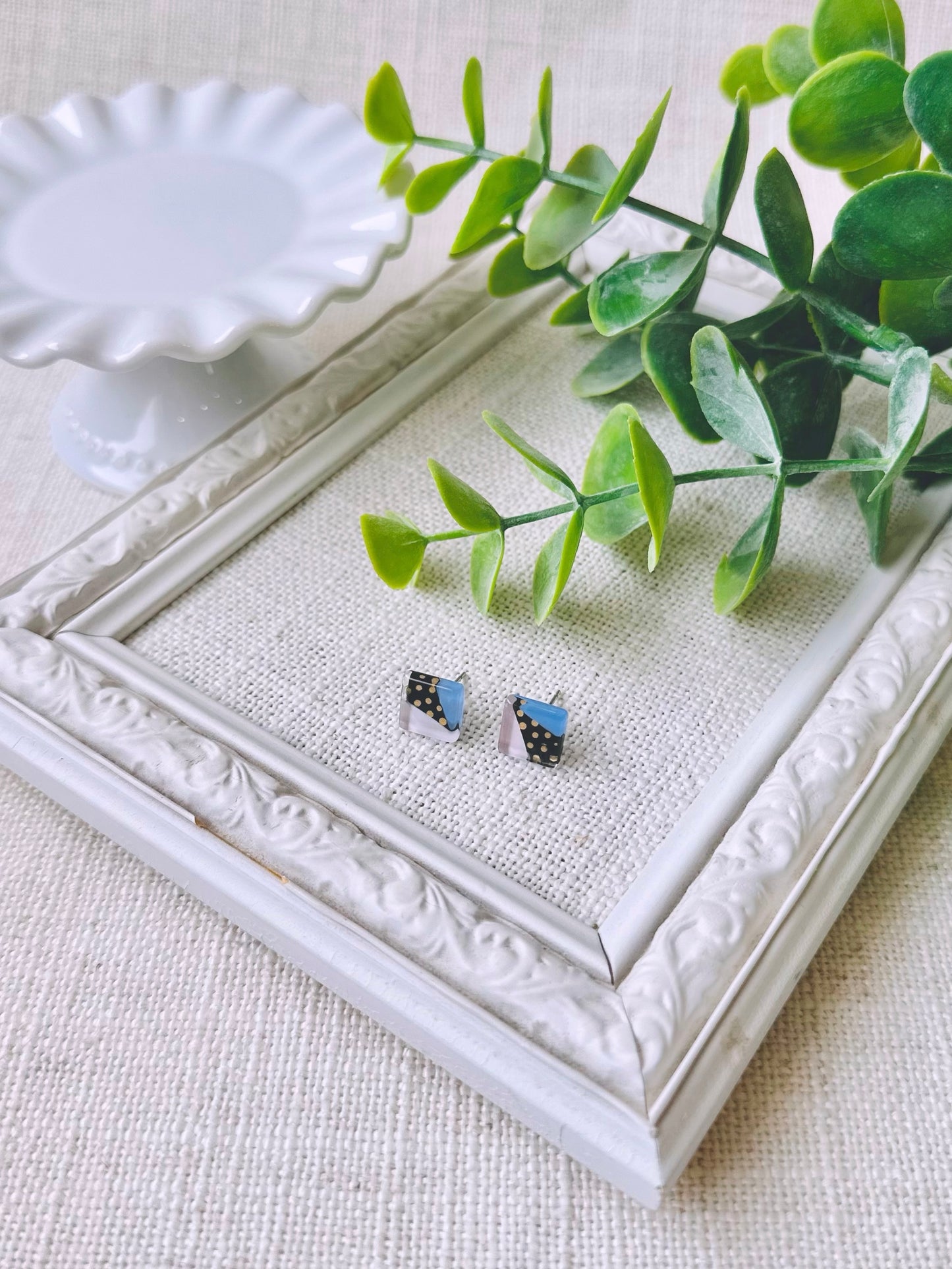 Boucles D’oreilles - Carrés - Bleu, Noir, Rose & Or