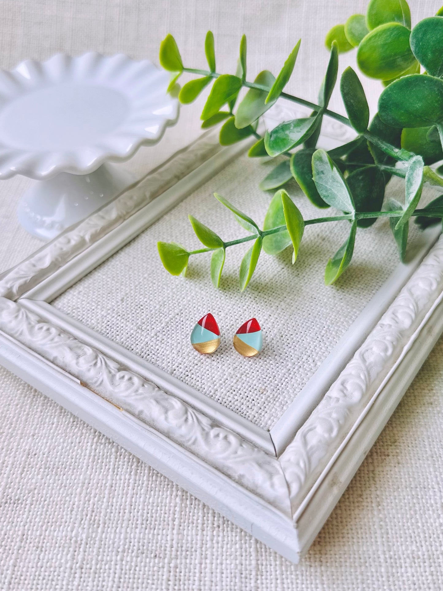 Boucles D’oreilles - Gouttes - Or, Vert Menthe & Rouge