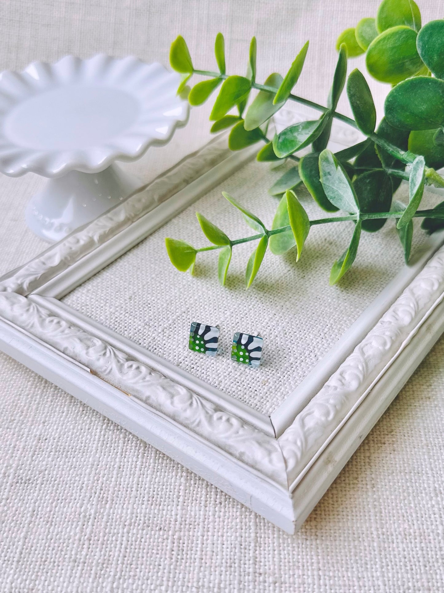 Boucles D’oreilles - Carrés - Fleur Turquoise & Verte