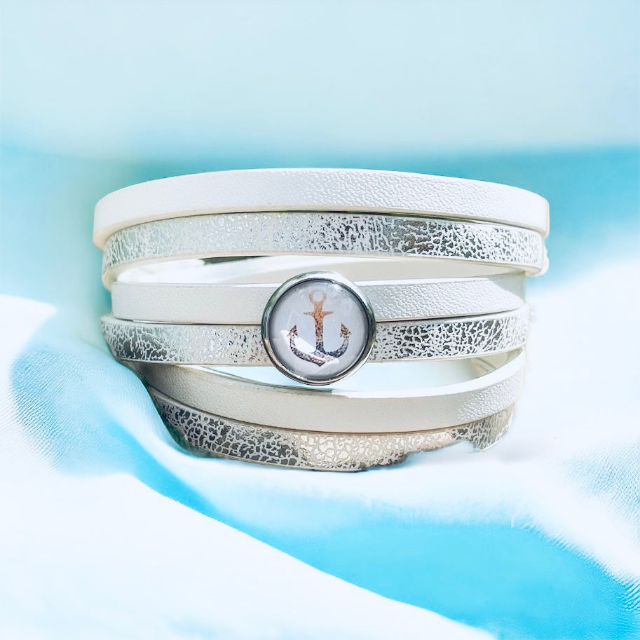 Bracelet Cuir - Blanc & Ancre