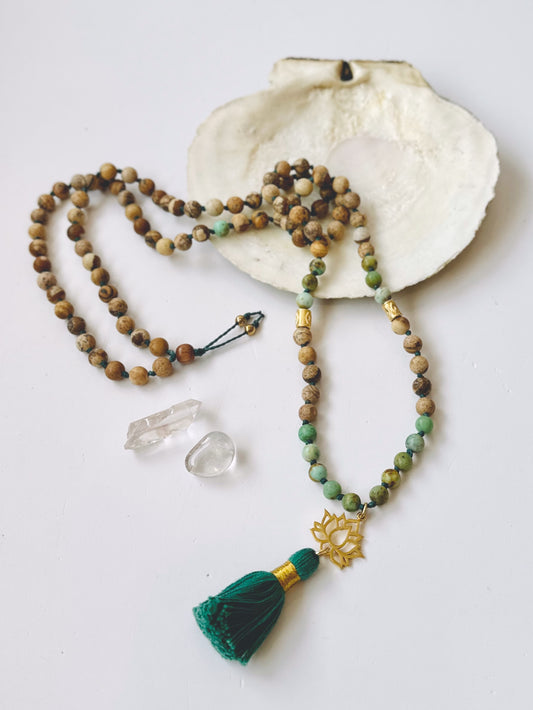 Collier Mala - Vert, Bois & Lotus