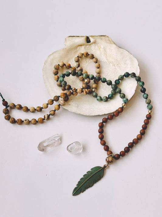 Collier Mala - Vert & Plume
