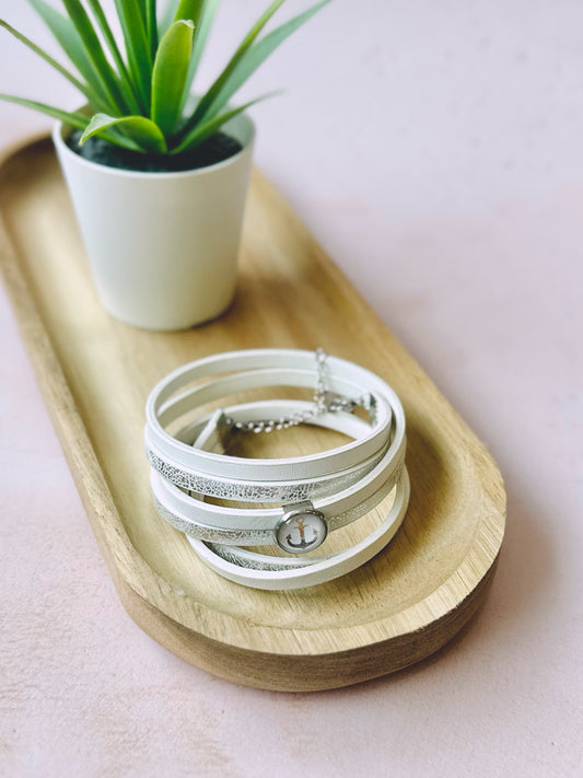 Bracelet Cuir - Blanc & Ancre