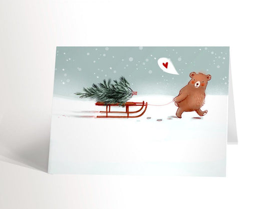 Carte De Noël - Ourson Au Traîneau