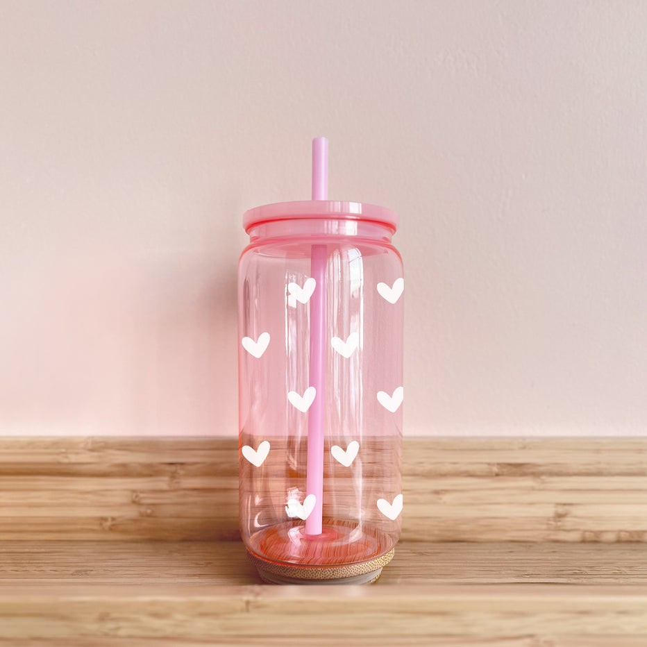 Verre En Plastique - Rose - Coeurs Blancs