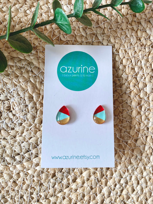 Boucles D’oreilles - Gouttes - Or, Vert Menthe & Rouge